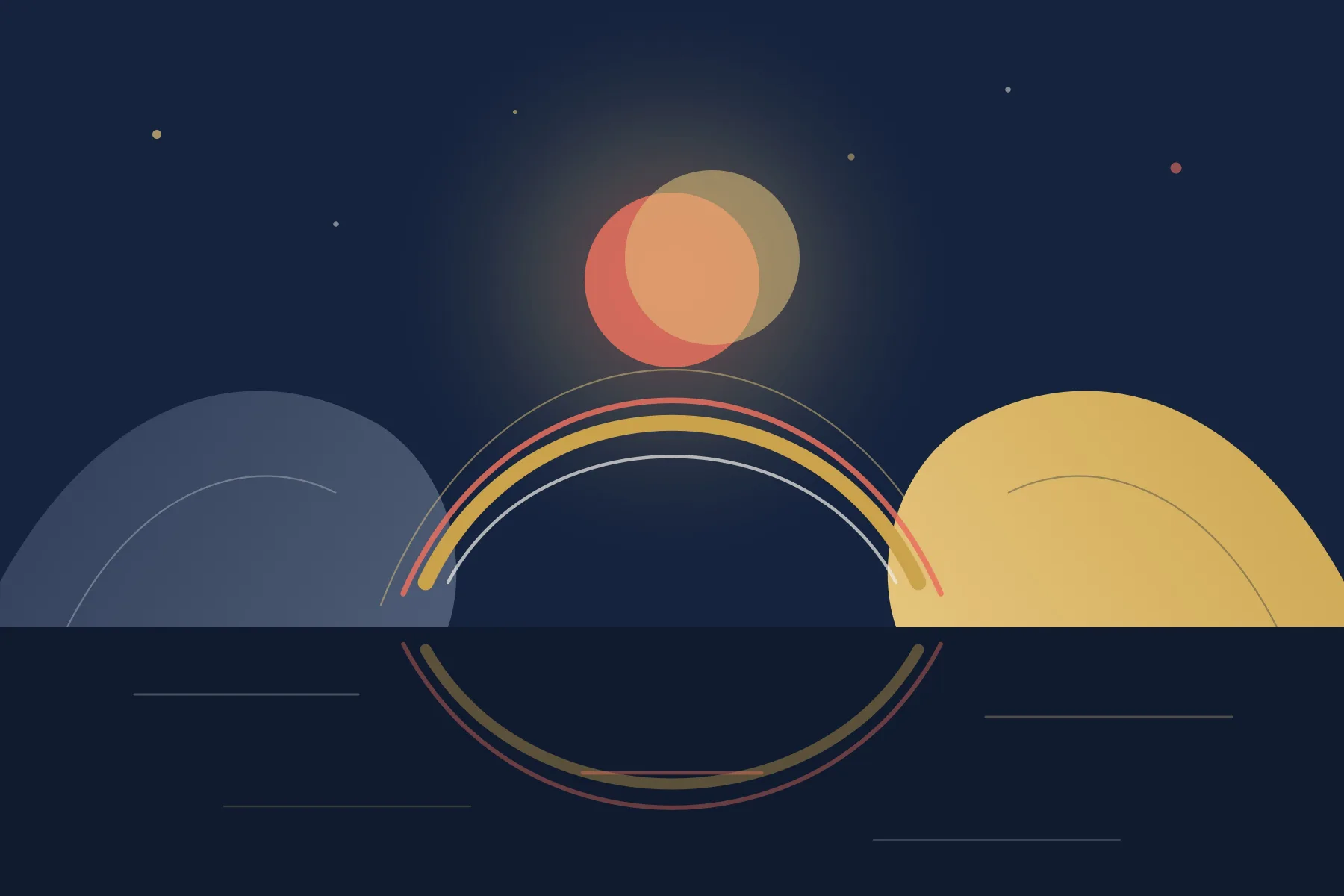 Abstract illustration: two shapes joined by a bridge of light